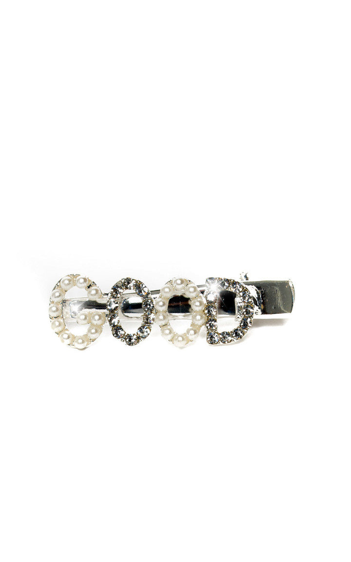 Slogan Diamante and Pearl Hair Clip with 'GOOD' slogan, embellished with gemstones and pearls, ideal for adding sparkle to any holiday-ready outfit.