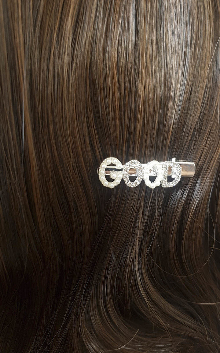 Slogan Diamante and Pearl Hair Clip featuring 'GOOD' slogan, adorned with gemstones and pearls, ideal for enhancing your style with a touch of elegance.