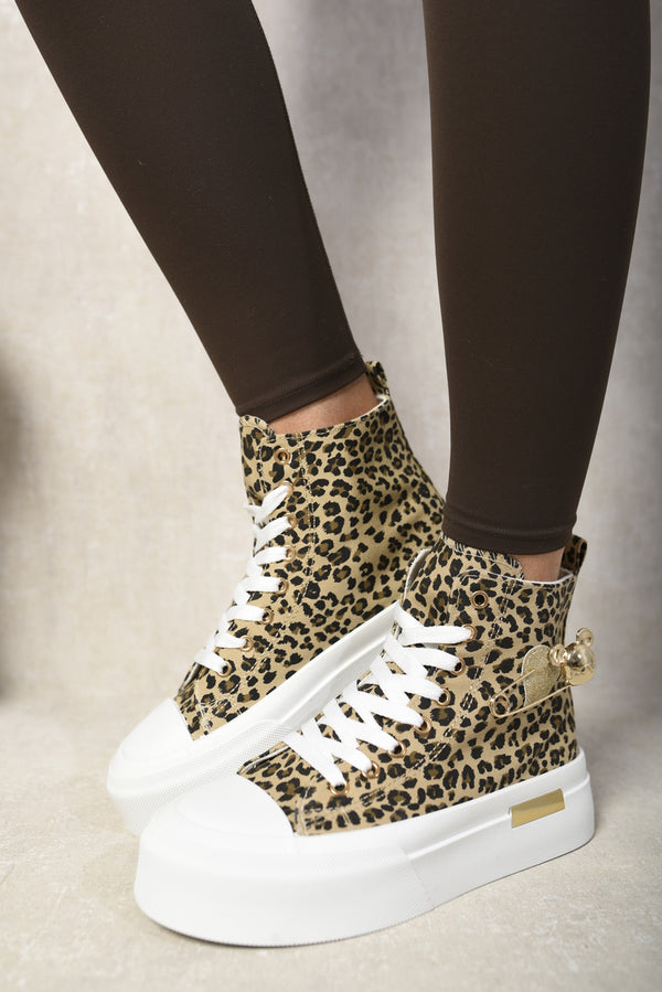 High Top Lace Up Platform Ankle Trainers with Decorative Detail, showcasing a leopard print design, perfect for stylish and comfortable outings.