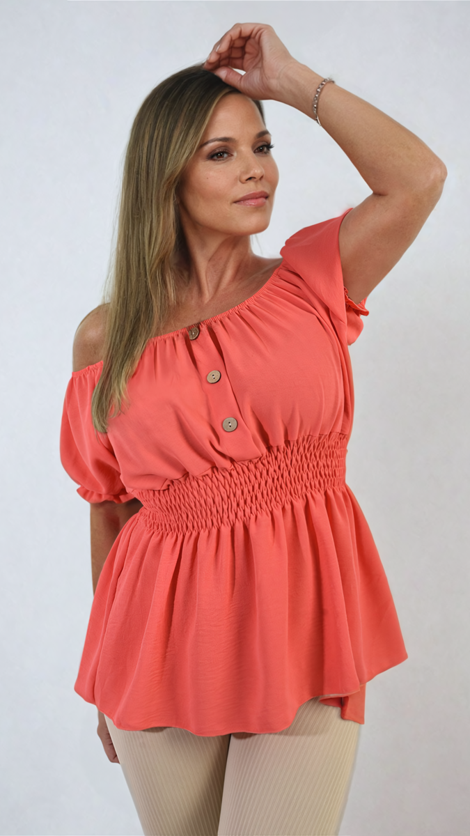 Button Front Cinched Waist Top featuring a stylish button front and adjustable cinched waist, perfect for chic styling and comfort. Ideal for both casual and office wear.