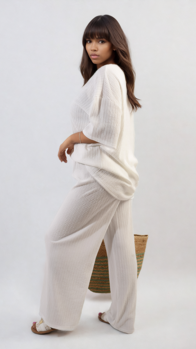 Ribbed Oversized Top and Drawstring Wide Leg Trouser Co-ord Set, modeled by a woman, showcasing its relaxed, stylish fit ideal for laid-back days.