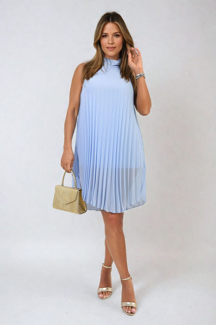 Woman in a blue Pleated Halter Neck Mini Dress holding a gold purse, showcasing elegant style and sophistication for versatile occasions.