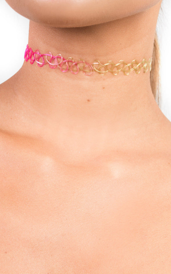 Close-up of a Stretch Choker, a fashion accessory adding edgy style to casual outfits, ideal for pairing with an oversized t-shirt and denim.