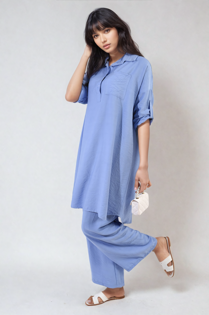 Oversized Button Front Shirt & Wide Leg Pants Co-ord Set, featuring a relaxed fit and stylish design, ideal for casual outings or holiday relaxation.