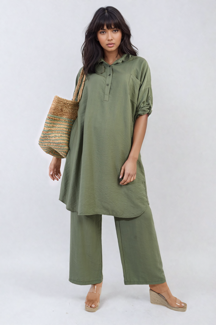 Oversized Button Front Shirt & Wide Leg Pants Co-ord Set, featuring a relaxed fit with a stylish buttoned shirt and comfortable wide-leg pants, perfect for casual outings.