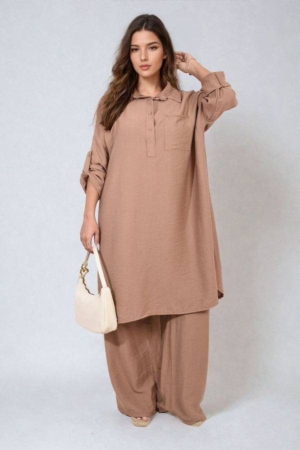 Woman wearing Dulce Oversized Button Front Shirt & Wide Leg Pants Co-ord Set, showcasing a casual yet stylish outfit ideal for relaxed, everyday wear.