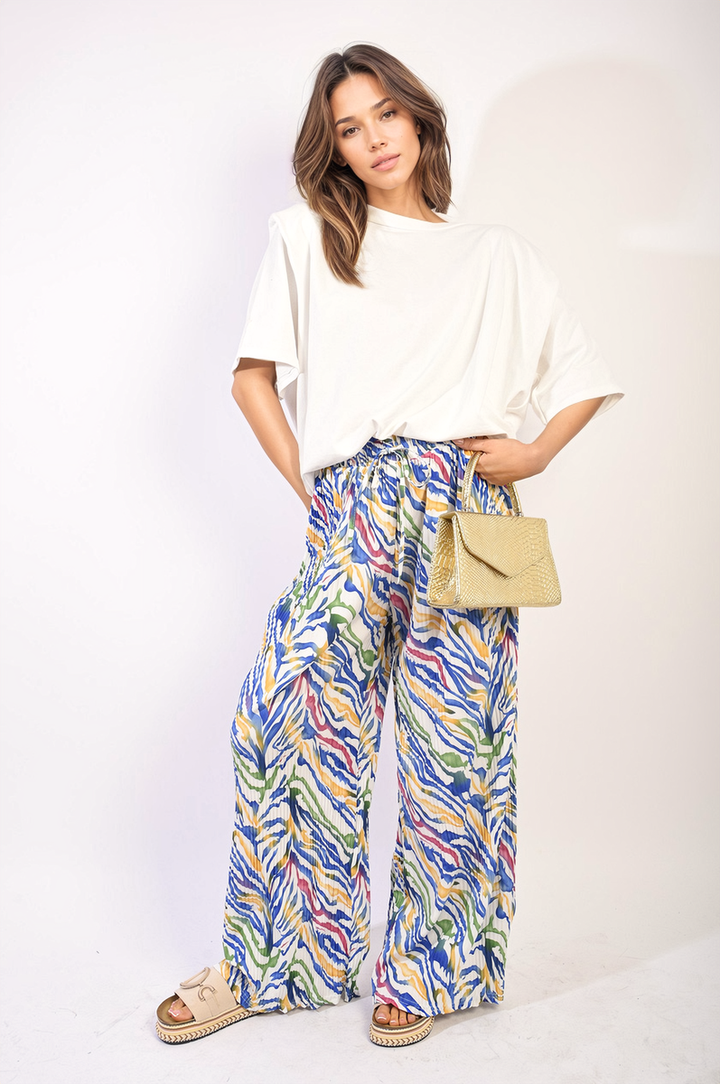 Woman wearing Pleated Wide Leg and Elastic Waist Trousers, showcasing their elegant design and comfort. Ideal for both casual and formal occasions.