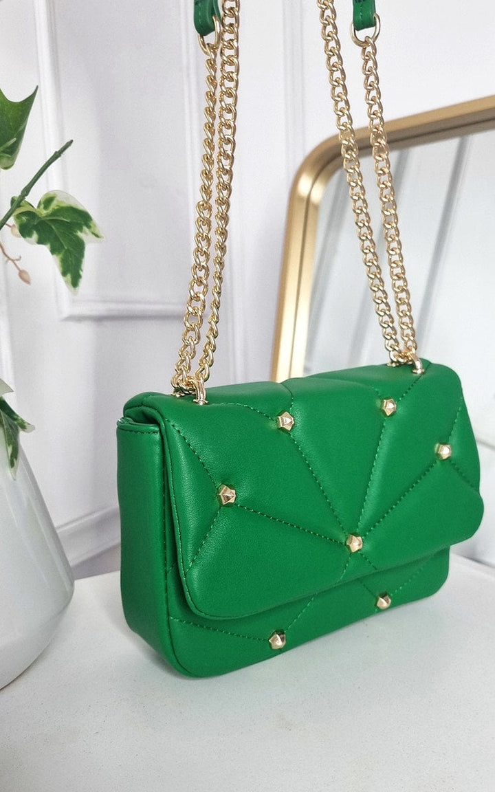 Studded with Chain Detail Handbag featuring a green faux leather design with gold chains, ideal for adding luxury to your style.