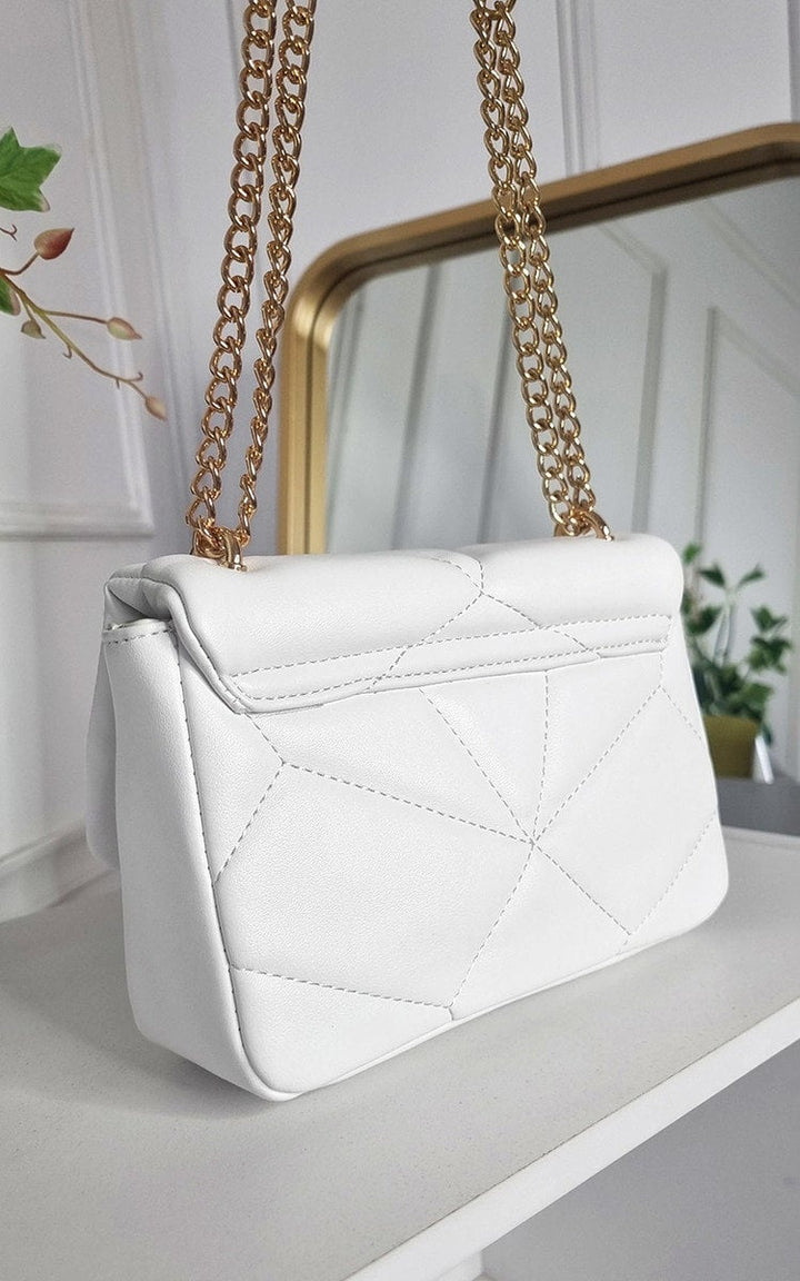 Studded with Chain Detail Handbag featuring a white faux leather design and gold chain accents, perfect for adding a luxurious touch to your style.