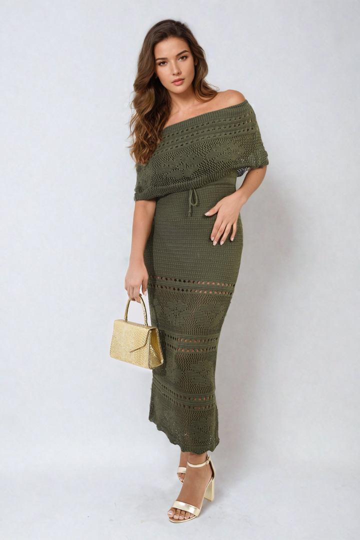 Woman wearing Knit Crochet Off Shoulder Maxi Dress, showcasing bohemian elegance with intricate crochet detailing and a flowing silhouette, suitable for stylish occasions.