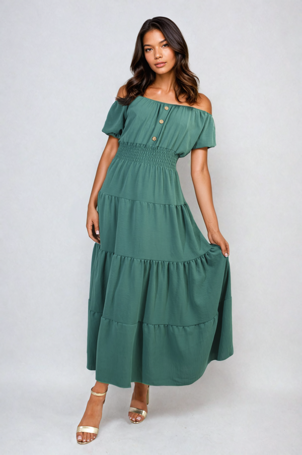 Woman wearing Smocked Waist Tiered Midi Dress with a smocked waist and tiered design, ideal for versatile occasions and stylish elegance.