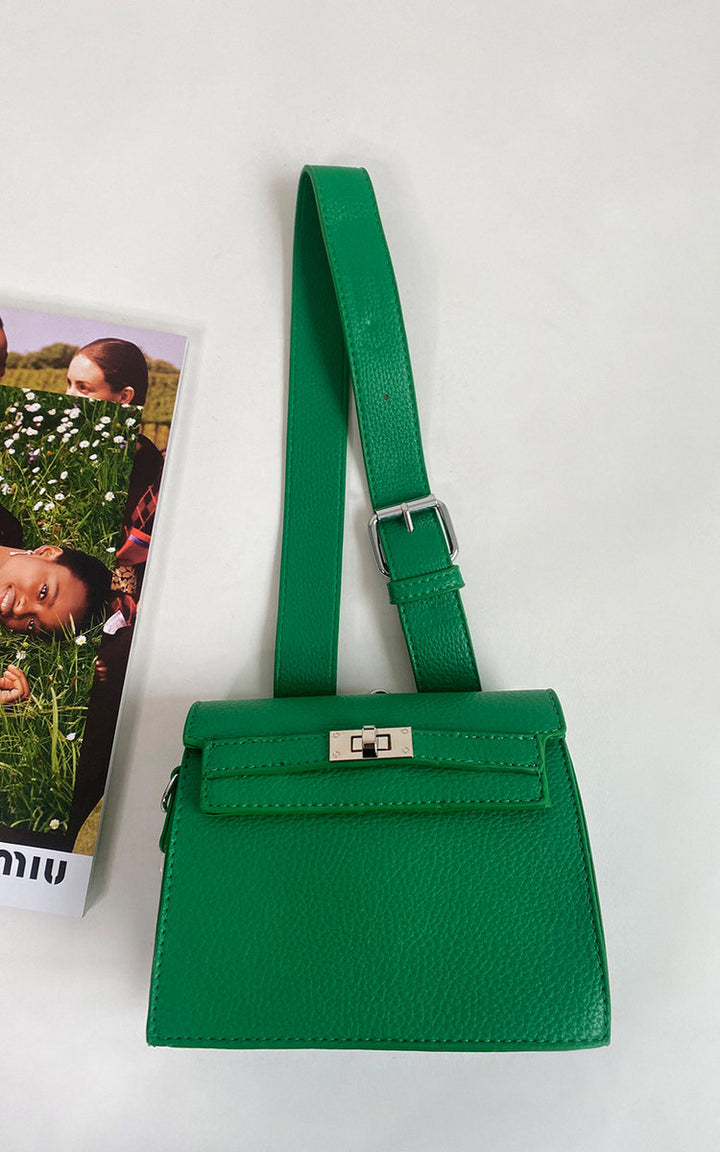 Faux Leather Crossbody Bag with Adjustable Strap, featuring a green leather look and metal clasp, perfect for daily use and stylish errands.