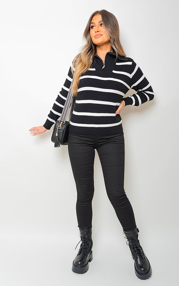 Woman in a Knitted Long Sleeves Collar Striped Half-Zip Top, paired with black boots, showcasing casual elegance for everyday wear.