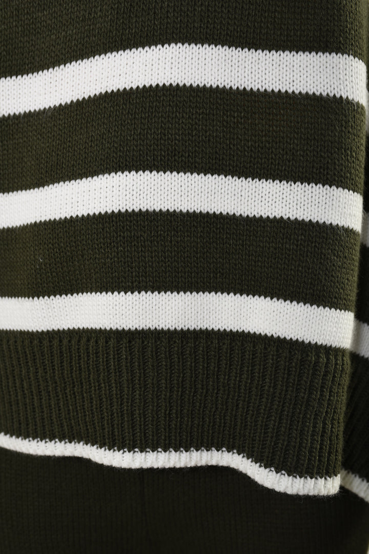 Close-up of a Knitted Striped Long Sleeve Top and Pants Co-ord Set, showcasing its cozy texture and chic drop shoulder design. Perfect for relaxed, stylish outings.