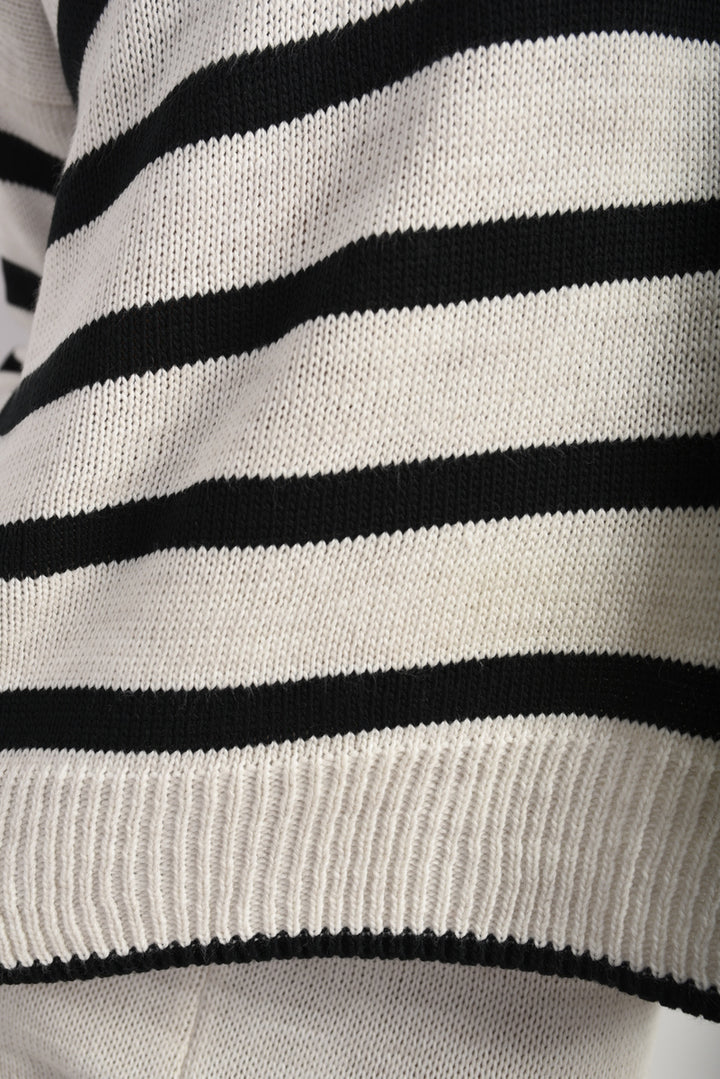 Close-up of a Knitted Striped Long Sleeve Top and Pants Co-ord Set, featuring a relaxed drop shoulder design, ideal for casual, stylish comfort.