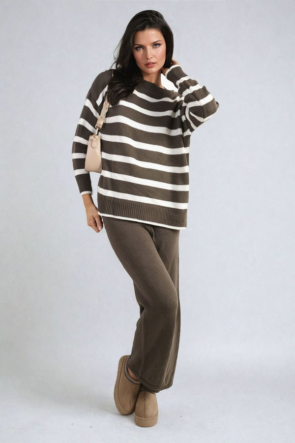 Woman in Knitted Striped Long Sleeve Top and Pants Co-ord Set, showcasing drop shoulder design, ideal for casual outings or lounging, aligned with Holiday-clothes.co.uk style.