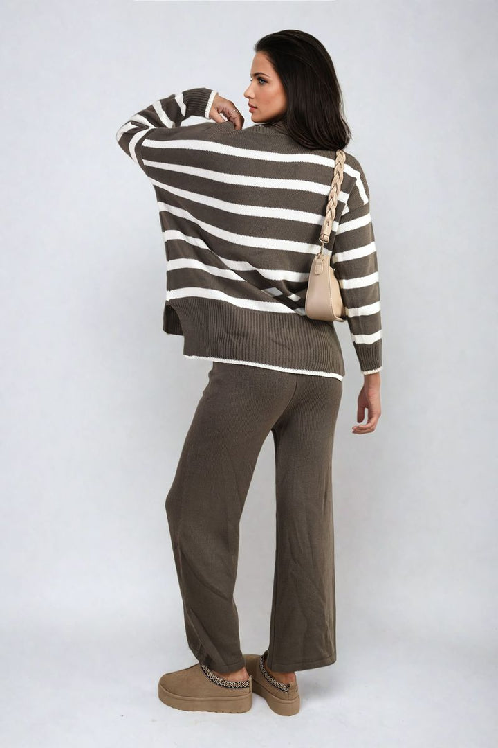 Woman wearing Knitted Striped Long Sleeve Top and Pants Co-ord Set; ideal for casual, cozy styling.