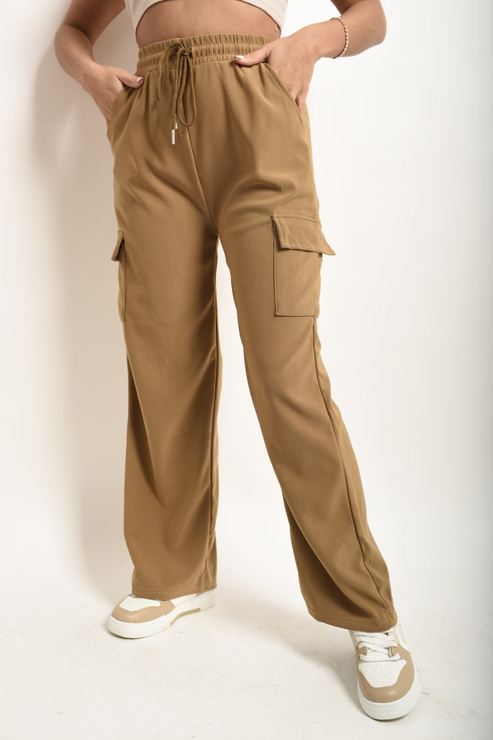 Wide Leg Drawstring Waist Flap Pocket Trouser showcasing wide legs and functional flap pockets, ideal for stylish comfort and versatile wear.