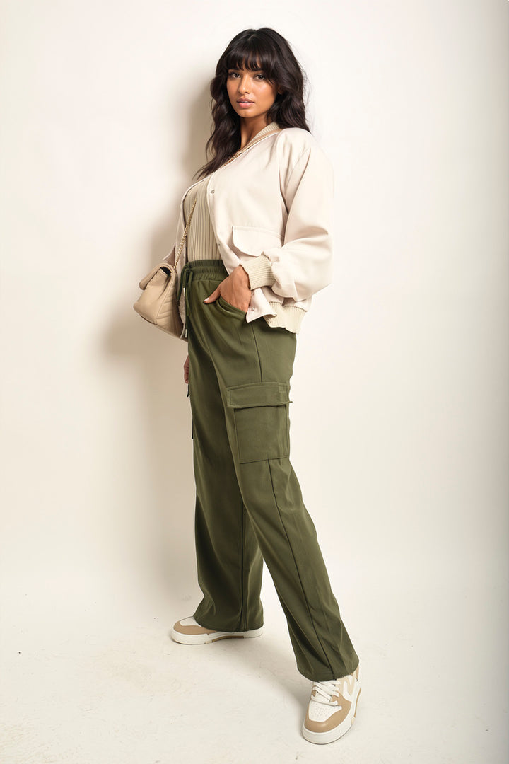 Wide Leg Drawstring Waist Flap Pocket Trouser showcased with stylish wide leg design and functional flap pockets for a chic, versatile look.