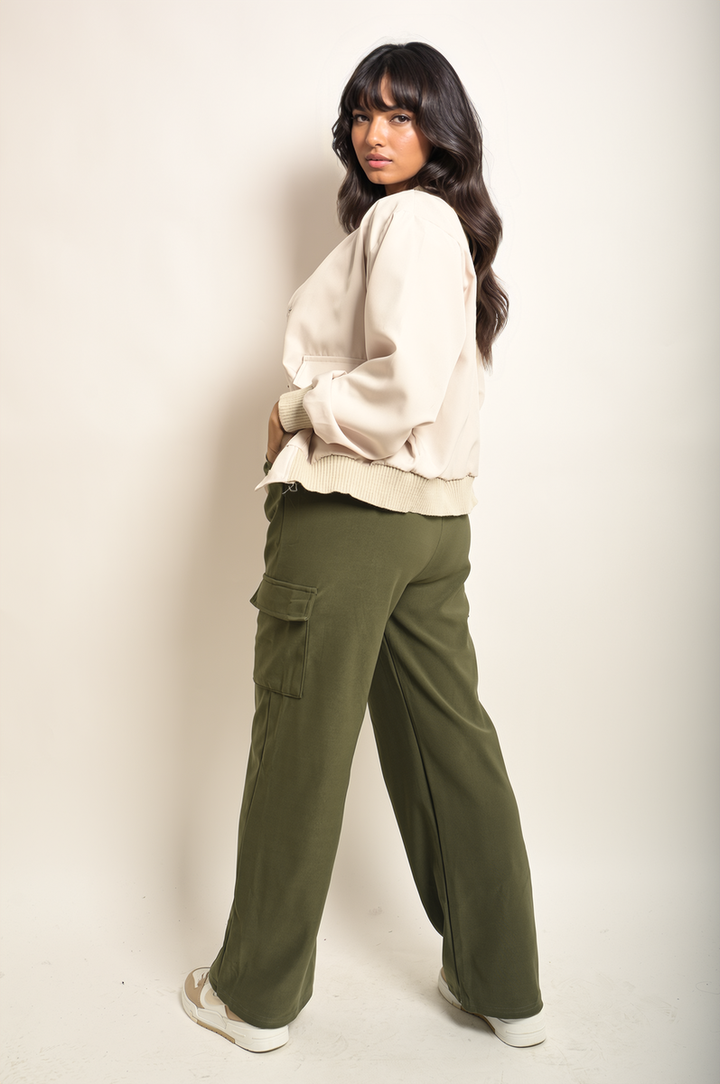 Wide Leg Drawstring Waist Flap Pocket Trouser styled on a woman, showcasing the chic wide-leg design and functional flap pockets.