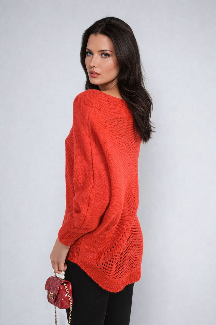 Woman wearing the Florencia Crew Neck Back Patterned Knitted Jumper, showcasing its cozy design and unique back pattern, ideal for stylish casual wear.