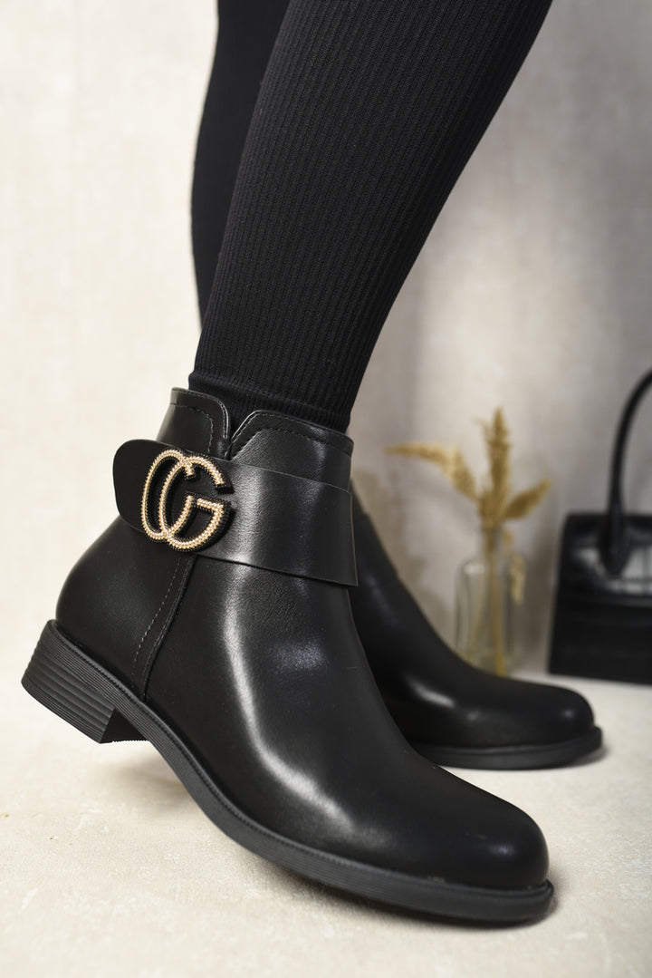 Frances Chelsea Buckle Chunky Low Heel Ankle Boots with gold buckle detail, perfect for casual outings. Stylish and comfortable.