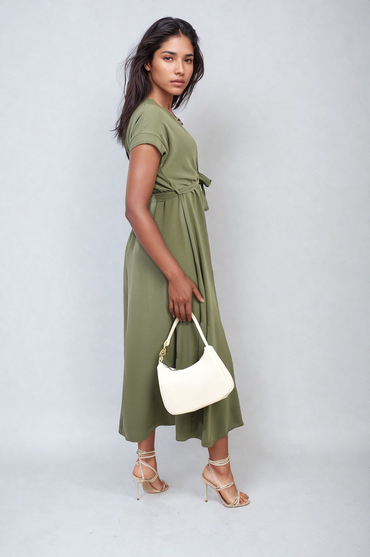 Wrap Tie Waist Short Sleeve Midi Dress styled with a white purse and high heels, showcasing its elegant wrap silhouette and versatile design for various occasions.