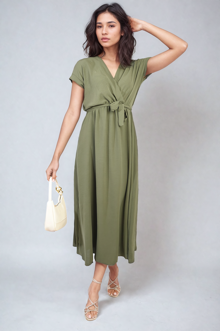 Wrap Tie Waist Short Sleeve Midi Dress showcased on a model, highlighting its elegant wrap design and adjustable tie waist, perfect for versatile styling.