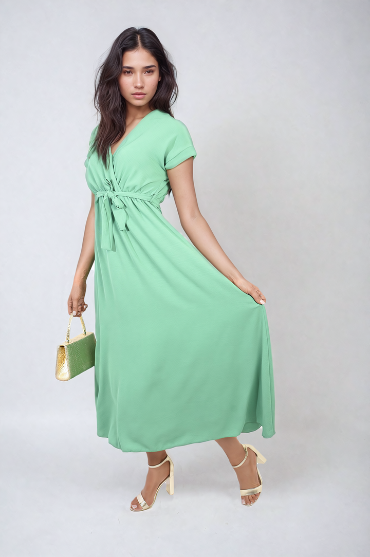 Francesca Wrap Tie Waist Short Sleeve Midi Dress showcasing elegant wrap design and adjustable tie waist, perfect for versatile occasions. Suitable for stylish holiday or everyday wear.