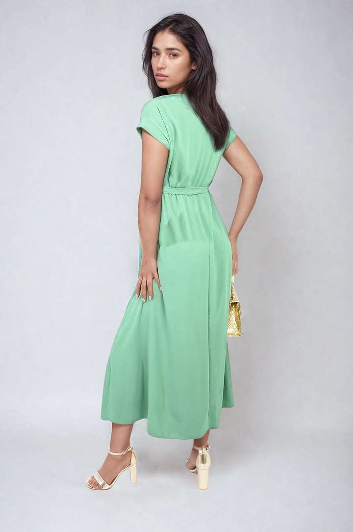 Wrap Tie Waist Short Sleeve Midi Dress on a model, showcasing its flattering wrap design and adjustable tie waist, perfect for versatile styling.