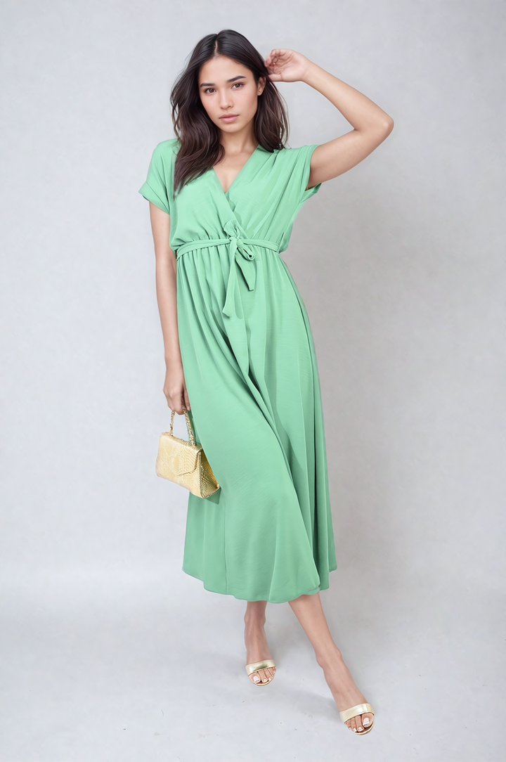 Wrap Tie Waist Short Sleeve Midi Dress with adjustable tie waist, modeled by a woman. Perfect for versatile styling and comfort from Holiday Clothes UK.