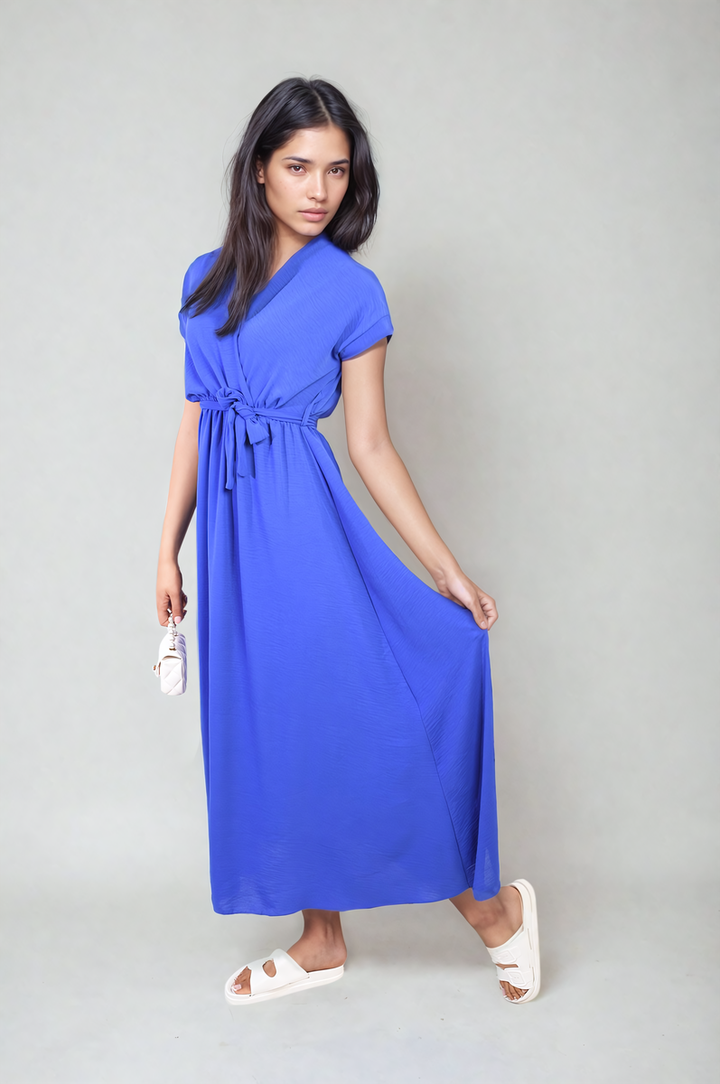 Wrap Tie Waist Short Sleeve Midi Dress showcased on a model, highlighting its flattering wrap design and adjustable tie waist for feminine appeal.