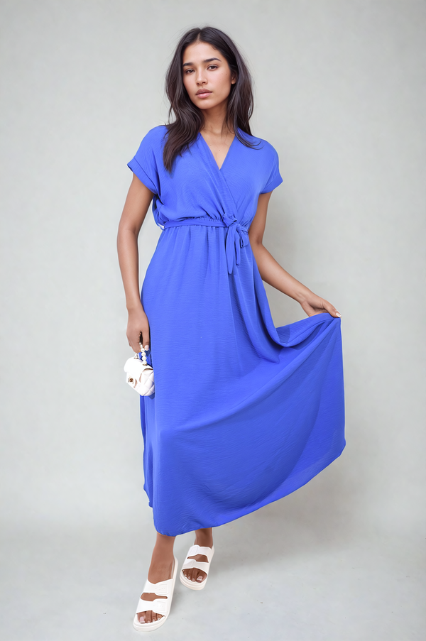 Wrap Tie Waist Short Sleeve Midi Dress modeled elegantly, showcasing its sophisticated wrap design, flattering tie waist, and versatile midi length.