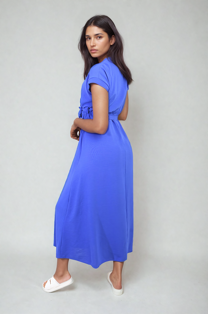 Wrap Tie Waist Short Sleeve Midi Dress on model, showcasing wrap design and adjustable tie waist for a flattering fit, perfect for versatile styling.