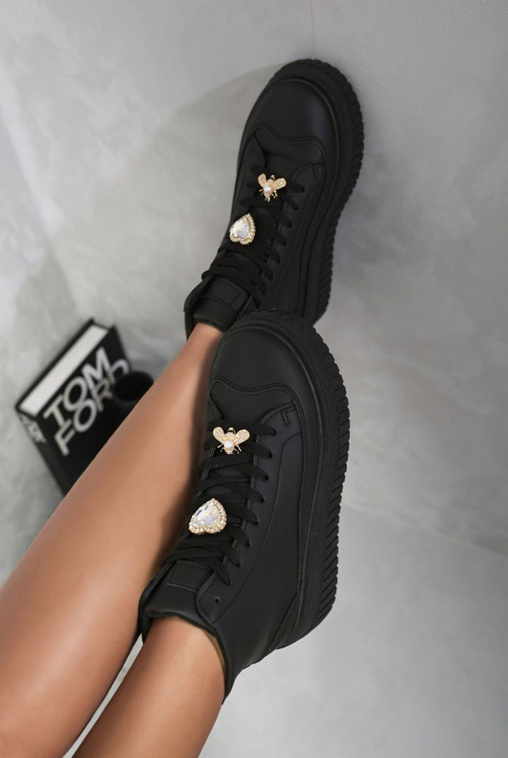 Lace Up High Top Platform Trainers with Decorative Bee Brooches, showcasing stylish design and platform sole for added height and comfort, perfect for casual outings.