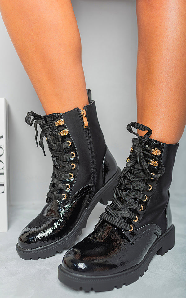 Frida Lace Up Combat Chunky Sole Biker Ankle Boots with chunky soles and lace-up design, perfect for a bold, edgy look and everyday wear.