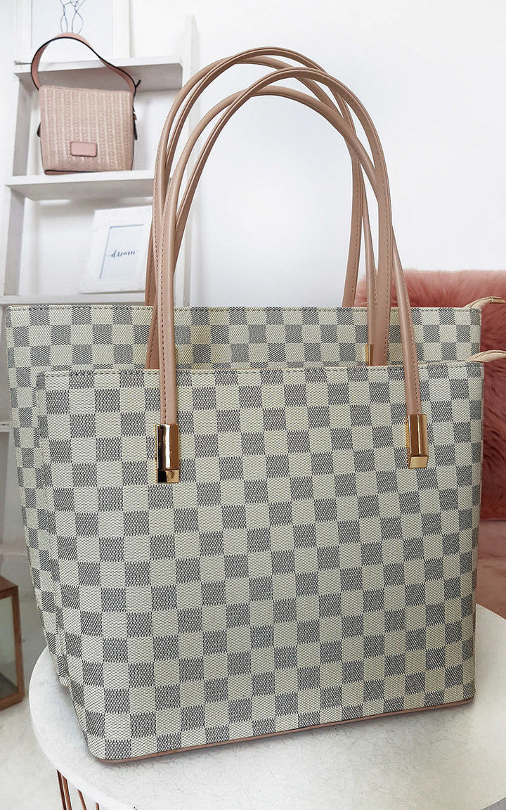 Checked Two in One Handbag with gold handles, featuring a checkered print, zip closure, and detachable inner bag for versatile use. Ideal for day-to-night transitions.