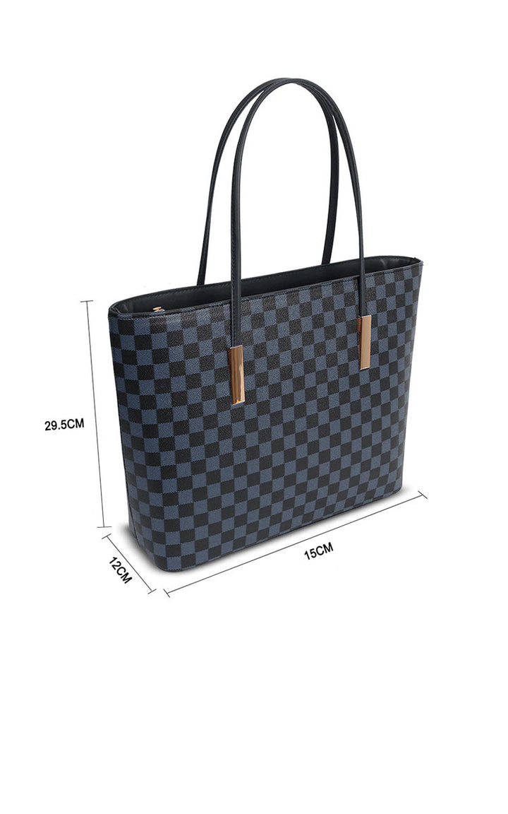 Checked Two in One Handbag, featuring a black and grey checkered design with gold handles, zip closure, and detachable inner bag, ideal for versatile everyday use.