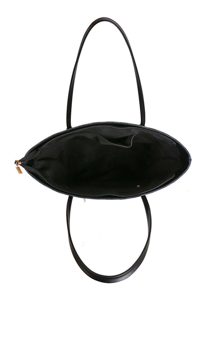 Checked Two in One Handbag featuring black design, gold zipper, and handles, with detachable inner bag for versatile day-to-night use. Approx 12'' height, 16'' width.