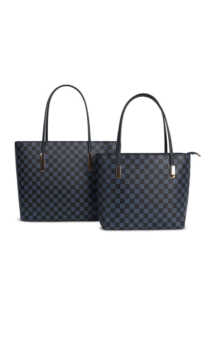 Checked Two in One Handbag with a black and grey checkered pattern, featuring a zip closure and detachable inner bag, ideal for versatile day-to-night use.