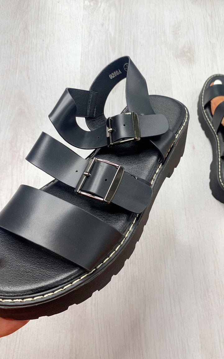 Strappy Chunky Sandals featuring a sporty luxe chunky sole with three strap buckle fastenings and an ankle strap, suitable for pairing with festival outfits.