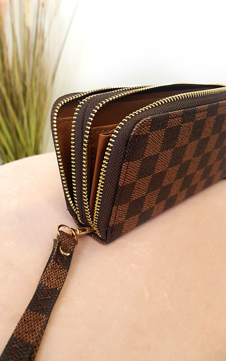 Check Double Style Zip Purse featuring a brown and black checkered pattern, double zip opening, and faux leather finish, ideal for stylish holiday or everyday use.