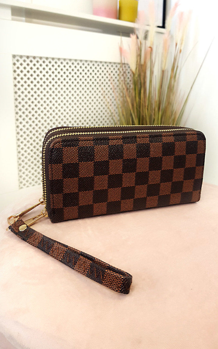 Check Double Style Zip Purse with a checkered pattern and double zip opening, showcasing inside pockets and a faux leather finish for stylish, organized storage.