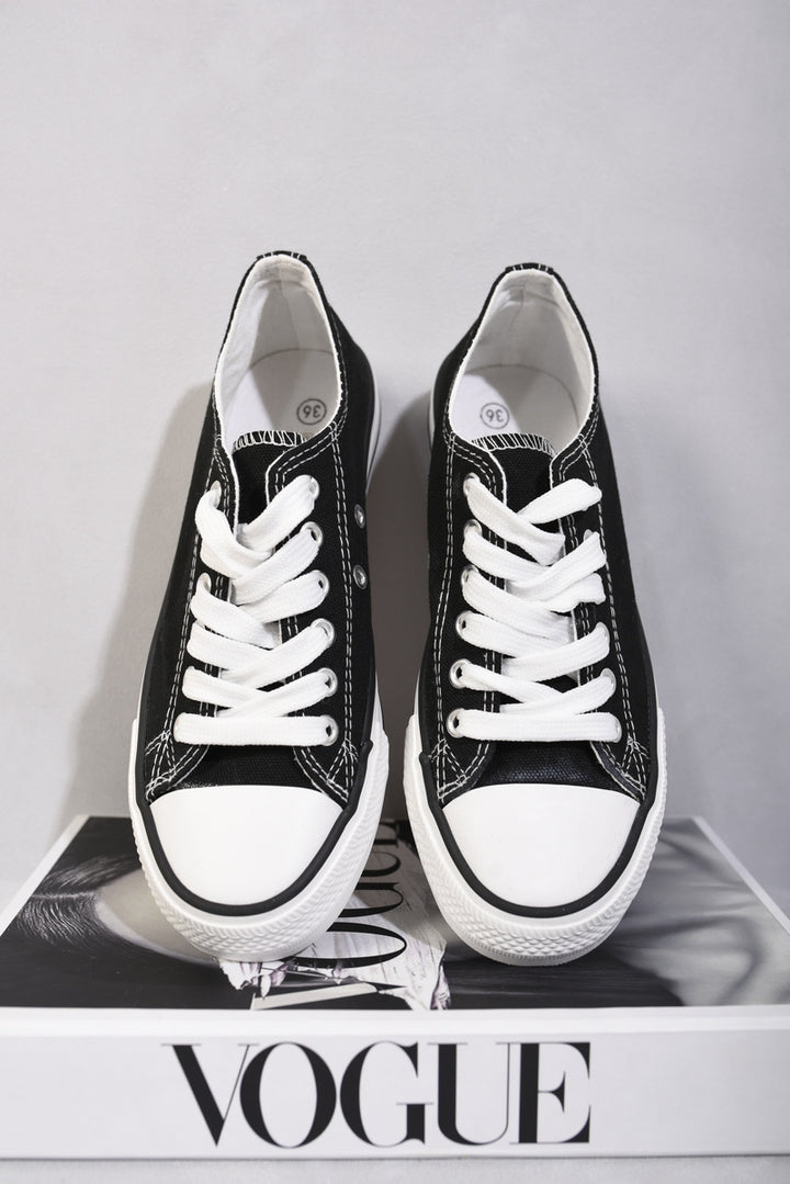 Platform Low Top Lace Up Trainers with black and white design, featuring a platform sole and lace-up closure for comfort and style.