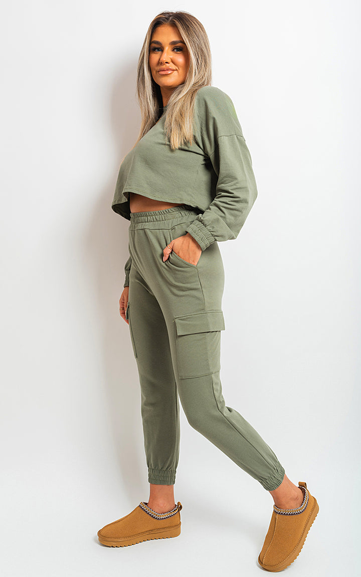 Woman wearing Jessie Cropped Long Sleeve Top and Cargo Joggers Co-ordinates, showcasing stylish comfort with relaxed-fit joggers and chic cropped top. Perfect for versatile street-style looks.