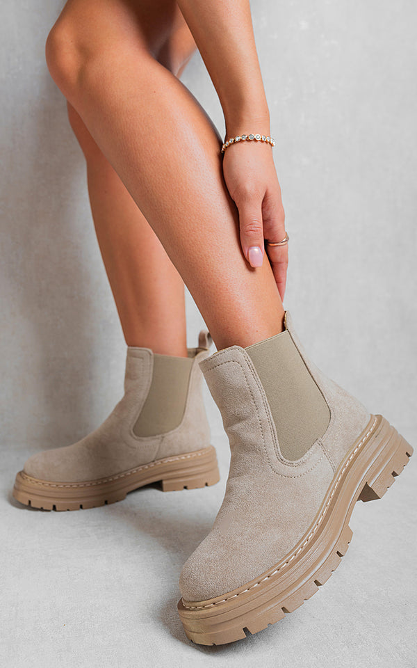 Chunky Chelsea Suede Ankle Boots showcasing a stylish, chunky heel and classic slip-on design, perfect for elevating your holiday and everyday wardrobe.