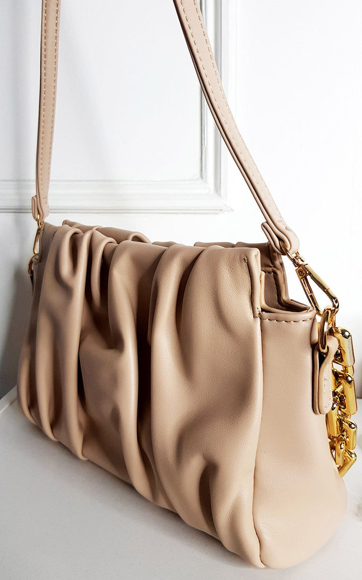 Faux Leather Shoulder Bag with Chain Strap, featuring a scrunched texture and chunky gold chain, perfect for stylish outings.