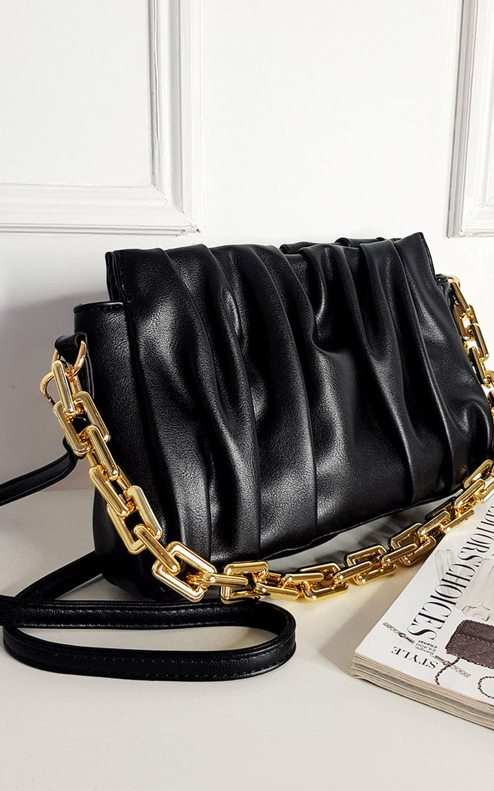 Faux Leather Shoulder Bag with Chain Strap, featuring a scrunched texture and chunky gold chain, ideal for stylish holiday outings or everyday essentials.