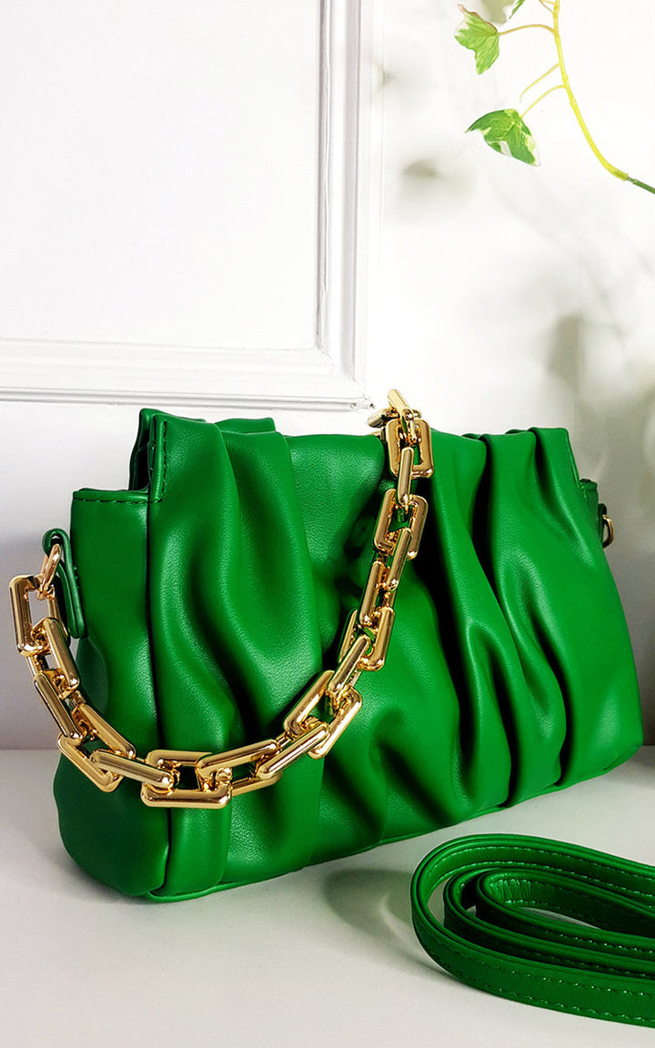 Faux Leather Shoulder Bag with Chain Strap features a green purse with a scrunched texture and chunky gold chain, ideal for stylish outings.