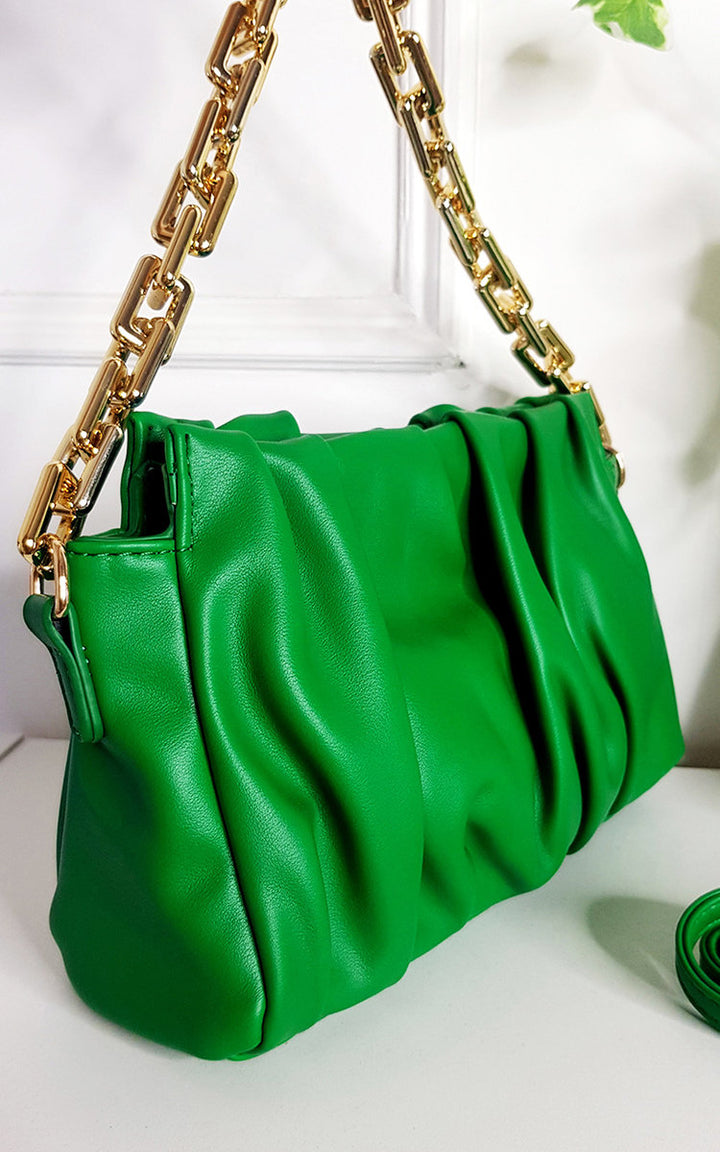 Faux Leather Shoulder Bag with Chain Strap, featuring a green scrunched texture and gold chain, perfect for stylish outings.